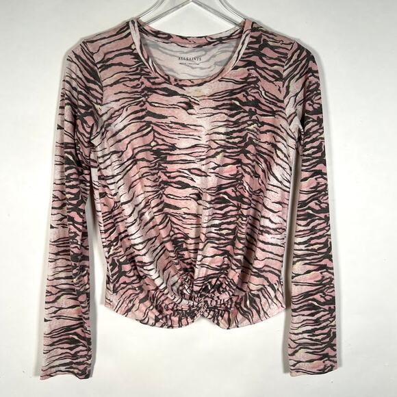 Allsaints Women's Tygers Carme Long Sleeve T-Shirt M Pale Pink Knot Cropped - Picture 2 of 6